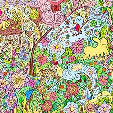 Doodle a whimsical and wonderful garden filled with colorful flowers and playful animals for a peaceful vacation.