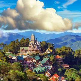 A picturesque view of a mountain village built in the traditional Igorot style, surrounded by lush forests and cotton clouds floating in the sky, with the iconic Baguio Cathedral in the forefront.. Image 4 of 4