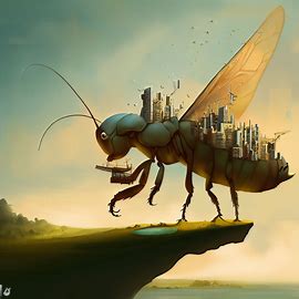 Design a scene with a giant cricket holding a tiny city on its back. Image 3 of 4