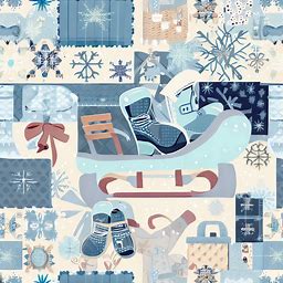 Design a winter-themed collage with images of snowflakes, sleds, ice skates, and mittens, all arranged in a pattern that looks like a cozy quilt.