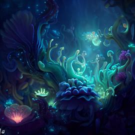 Design a mystical underwater world with luminescent creatures and elaborate coral formations.. Image 2 of 4