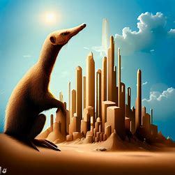 Design an anteater cityscape with skyscrapers made of termite mounds