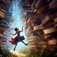 Depict a whimsical fairy tale scene with a brave heroine exploring the many shelves of a giant book.