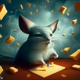 Make a surrealist painting of a chinchilla surrounded by floating pieces of cheese.. Image 3 of 4
