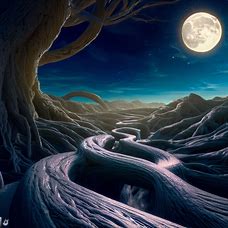 Imagine a surreal landscape composed of massive, twisted tree roots in the midst of which lies a sinuous hiking path shimmering under a full moon