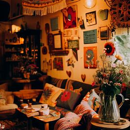 A warm and welcoming local café, decorated with handmade artwork, flowers and a relaxing atmosphere