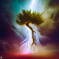 Generate a surreal picture of a tree growing through a lightning bolt.