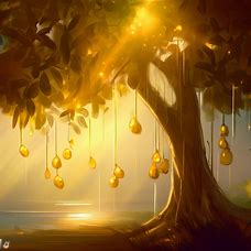 Draw an image of a tree with golden fruits hanging from its branches, reflecting the sun's rays.