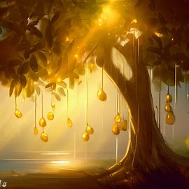 Draw an image of a tree with golden fruits hanging from its branches, reflecting the sun's rays.. Image 1 of 4