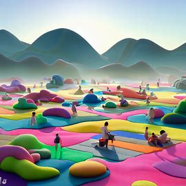 Visualize a scene where a group of people picnic and play on a large mats of colorful and creatively shaped algae.. Image 1 of 4