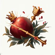 Illustrate a pomegranate in its most regal setting, with a crown of thorns and a king's sceptre.