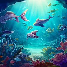 Design an underwater scene with a variety of sea creatures swimming in harmony