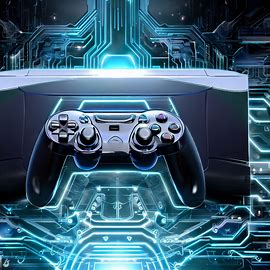 Create an image of a futuristic gaming console with sleek design. Image 2 of 4