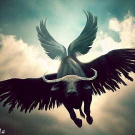 A buffalo soaring through the sky with outstretched wings.. Image 1 of 4
