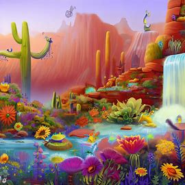 Design a dream-like landscape of Sedona, Arizona, with whimsical flowers, creatures and waterfalls in the desert.. Image 2 of 4
