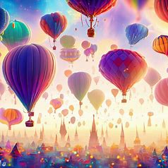 A magical cityscape, filled with hot air balloons in all shapes, sizes, and patterns floating lazily over the bustling city.