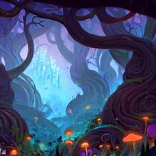 Design a magical forest with a hidden castle in the distance, surrounded by twisted, gnarled trees, and glowing mushrooms and flowers.