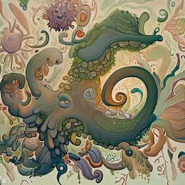 Create an intricate, whimsical depiction of an amoeba, surrounded by fantastic creatures and plants of your imagination.. Image 3 of 4