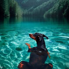 Create an image of a doberman taking a leisurely swim in a crystal clear lake. The water should be turquoise blue, surrounded by lush green forests and