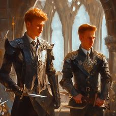 Paint a portrait of James Hewitt and Prince Harry in an old-world medieval castle setting, each one wearing elaborately designed armor and heroically poised with swords at the ready.