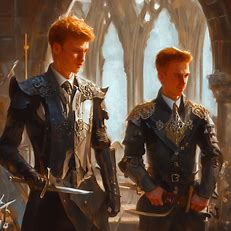 Paint a portrait of James Hewitt and Prince Harry in an old-world medieval castle setting, each one wearing elaborately designed armor and heroically poised with swords at the ready.