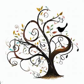 A whimsical composition of music notes in the shape of a tree, with branches and leaves, and a bird sitting on a branch.. Image 4 of 4