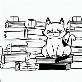 Make a black and white line drawing of a smirking cat sitting on a pile of books, surrounded by a library of books.