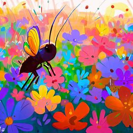 Draw a cricket surrounded by a field of vibrant, blooming flowers. Image 3 of 4