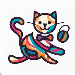 Create an image of a playful cat with a multicolored design wearing a bow tie, playing with a ball of yarn.