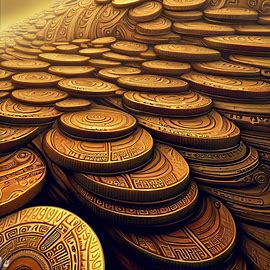 Create an image of a giant stack of gold coins with intricate designs and patterns.. Image 2 of 4