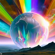 Illustrate an alternate universe where the earth is replaced by a giant crystal that radiates a rainbow of colors