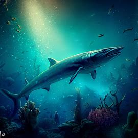 Imagine a magical underwater world where a giant barracuda swims gracefully through the coral reefs.. Image 2 of 4