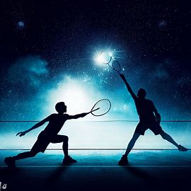 Create an image of two badminton players competing in a game under the stars.. Image 1 of 4