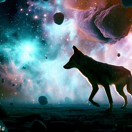 Imagine a coyote walking through a galaxy filled with stars and asteroids. Image 3 of 4