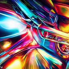 Illustrate an abstract futuristic auto with bright bold colors and intricate lights