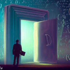 Illustrate a surreal image of a person opening a mysterious door and finding the definition of D. Image 2 of 4