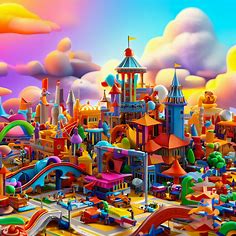 Create an image of an exciting and colorful city made entirely of toys and games for kids to play in.