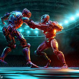 Create an image of a futuristic wrestling match where the fighters have unique robotic enhancements.. Image 3 of 4