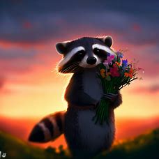 Visualize a raccoon holding a bouquet of flowers, standing in front of a sunset.