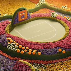 Create a whimsical design of a basketball court made completely out of flowers.