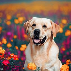 Show a Labrador dog in the middle of a vibrant and colorful flower field.