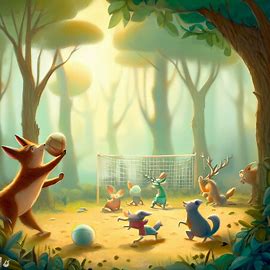 Illustrate a whimsical scene of woodland creatures playing a game of volleyball in a forest clearing.. Image 3 of 4