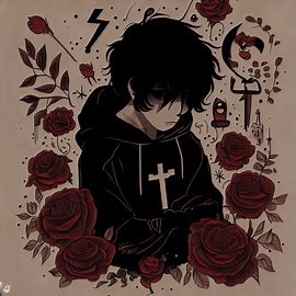 Design an illustration of a sad and brooding emo character surrounded by roses and other symbols of death.. Image 4 of 4
