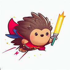Make an image of a cute hedgehog in a superhero suit flying through the air, holding a laser sword and a cape flapping behind it.