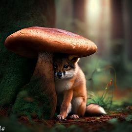 Make an image of a shy coyote hiding behind a huge mushroom in a forest. Image 4 of 4