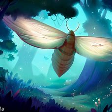 Illustrate a scene with a giant moth soaring through a magical forest.