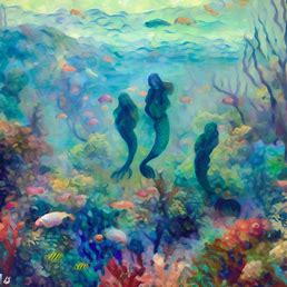 Use Camille Pissarro's techniques and palette to depict the syrens' underwater world.