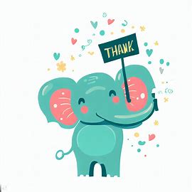 Create a whimsical and playful image of a grateful elephant holding a "Thank You" sign.. Image 1 of 4