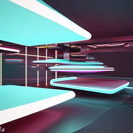 Create an abstract, futuristic restaurant with floating tables and neon lights.. Image 2 of 4
