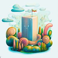 Illustrate a whimsical representation of the United Nations headquarters